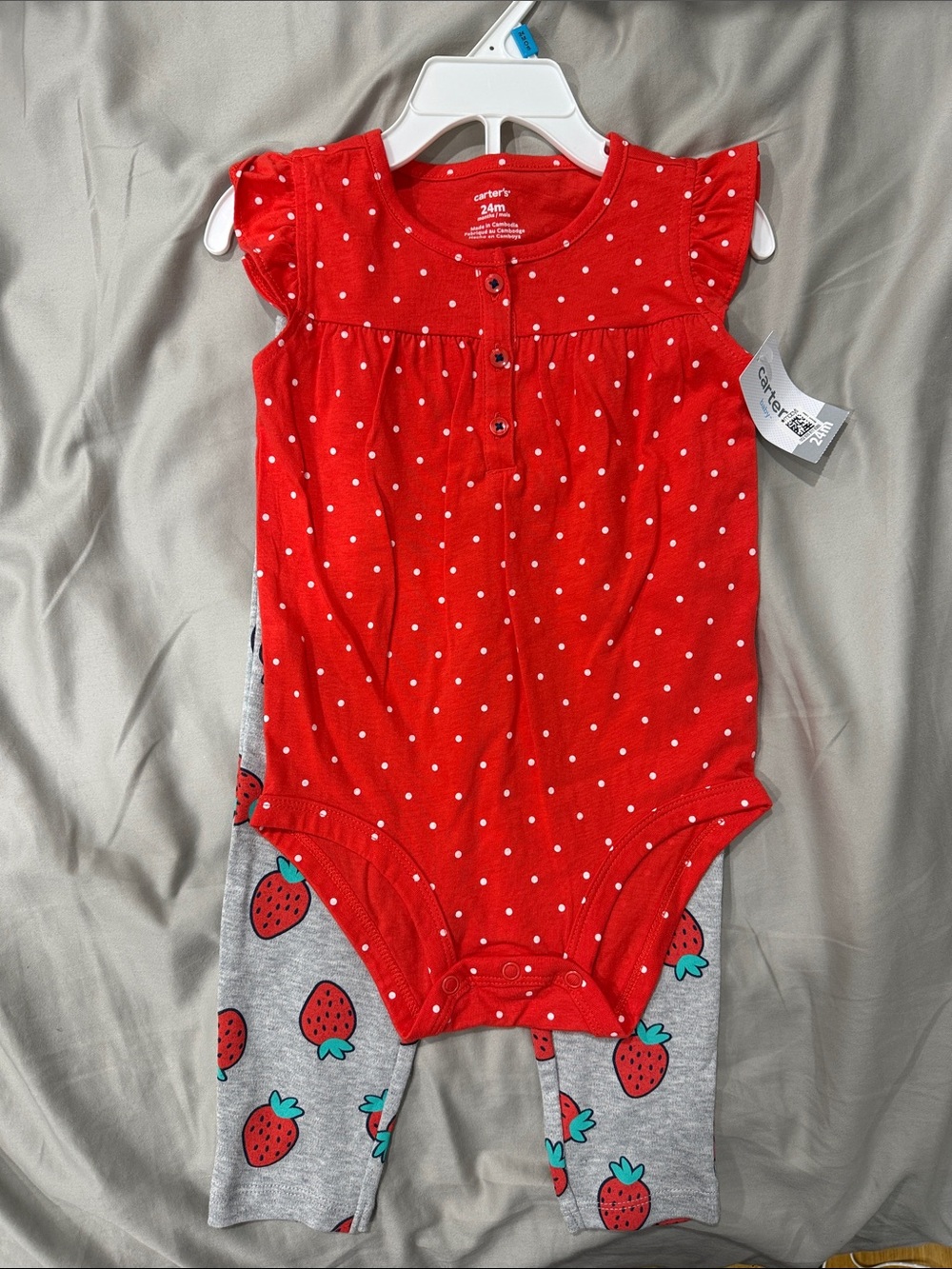 NWT - Carter's Red Polka Dot Flutter-Sleeve Bodysuit with Strawberry Leggings - Picture 3 of 7